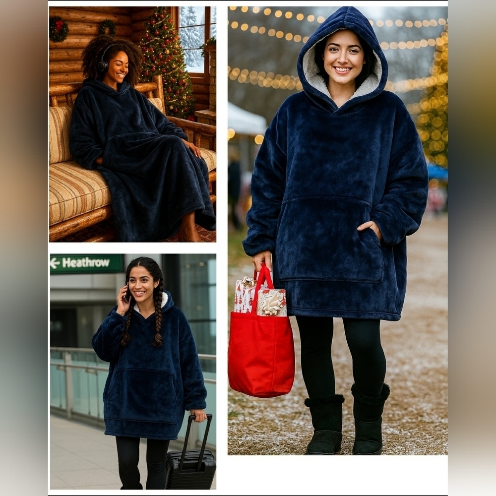 Sporty Cozy Blue Sharpa Teddy Velour Soft Hideout Hoodie Robe Warm Unisex